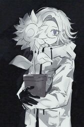 1boy absurdres ac_warlock aotsuki_eito black_background flower flower_pot glasses gloves greyscale highres holding holding_flower_pot jacket looking_at_viewer male_focus monochrome one_eye_covered plant potted_plant short_hair simple_background solo spot_color sunflower the_hundred_line_-last_defense_academy- upper_body