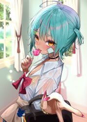 1girl ahoge animal_print aqua_hair bag bandage_on_cheek black_bag black_choker blue_bow bow bowtie candy choker clothes_around_waist collared_shirt curtains food gyaru hair_ornament hairclip highres holding holding_candy holding_food holding_lollipop inami_yoki indie_virtual_youtuber leopard_print lollipop mikan_(manmarumikan) pink_bow pink_bowtie pink_nails school_bag school_uniform scrunchie second-party_source shirt solo sweat sweater sweater_around_waist tan tied_sweater tongue virtual_youtuber white_shirt window wrist_scrunchie yellow_eyes