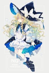 1girl \m/ absurdres apron black_hat black_skirt blonde_hair blue_shoes blush bow braid closed_mouth collared_shirt commentary_request contrast_collar frilled_apron frills full_body grey_background hair_between_eyes hair_ornament hand_up hat hat_bow high_heels highres kirisame_marisa long_hair long_sleeves looking_at_viewer nikorashi-ka shirt shoes simple_background single_braid skirt socks solo star-shaped_pupils star_(symbol) star_hair_ornament symbol-shaped_pupils touhou watermark white_apron white_bow white_shirt white_socks witch_hat wrist_cuffs yellow_eyes