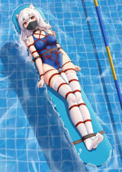 Rule 34 | absurdres, animal ear fluff, animal ears, ball gag, bdsm, blue one-piece swimsuit, blush, bondage, bound, bound arms, bound legs, breast bondage, breasts, choker, collarbone, crotch rope, gag, gag under mask, gagged, highres, hitachi magic wand, long hair, looking at viewer, mask, medium breasts, one-piece swimsuit, open mouth, pool, red eyes, restrained, sex toy, shibari, shibari over clothes, skindentation, swimsuit, t zhonglang, thighhighs, very long hair, vibrator, white hair, white thighhighs