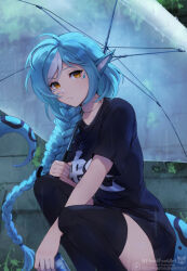 1girl :/ arm_between_legs black_shirt black_thighhighs blue_hair braid braided_ponytail closed_mouth feet_out_of_frame from_side hair_over_shoulder highres holding holding_umbrella jewelry long_hair looking_at_viewer looking_to_the_side multicolored_hair necklace original outdoors patreon_username pendant plant pointy_ears print_shirt rain shirt short_sleeves solo squatting straykat streaked_hair t-shirt tail tail_raised text_print thighhighs transparent transparent_umbrella twitter_username umbrella very_long_hair white_hair yellow_eyes