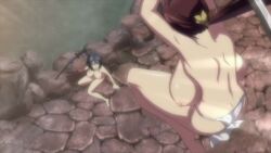 2girls animated anime_screenshot arms_up ass back backboob blue_hair bouncing_breasts breasts brown_hair collarbone falling feet female_focus fighting fundoshi hoods_entertainment huge_breasts japanese_clothes katana large_breasts manyuu_chifusa manyuu_hikenchou multiple_girls nipples nude okami_(manyuu_hikenchou) on_floor onsen outdoors ponytail sagging_breasts sitting sound sword tagme takagi_jun topless_female video weapon
