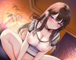 1girl :o absurdres blush bottomless breasts brown_hair ceiling cleavage collarbone curtains hair_between_eyes highres indian_style indoors large_breasts long_hair looking_at_viewer nipples no_bra open_mouth original picture_frame plant pontaro18 potted_plant see-through_clothes see-through_shirt shirt sidelocks sitting solo thighs wet wet_clothes white_shirt