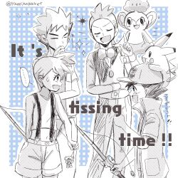 1girl 3boys ash_ketchum asymmetrical_hair brock_(pokemon) cilan_(pokemon) cowboy_shot denim denim_shorts gen_1_pokemon gen_5_pokemon gym_leader hair_tie hat ichi_(pikapikapocket) legs misty_(pokemon) monochrome multiple_boys nintendo orange_hair pansage pikachu pokemon pokemon_(anime) pokemon_journeys pokemon_swsh138 pokemon_swsh139 ponytail red_hair shirt short_hair short_shorts shorts side_ponytail sleeping suspenders