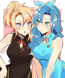 2girls axel_syrios blonde_hair blue_eyes blue_hair blush china_dress chinese_clothes coll_(erichankun) dress eyelashes genderswap genderswap_(mtf) green_eyes hair_between_eyes hairband hand_on_own_hip holostars holostars_english looking_at_another multicolored_hair multiple_girls open_mouth ponytail red_hair regis_altare simple_background sketch twitter_username two-tone_hair upper_body virtual_youtuber wavy_hair