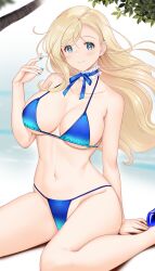 Rule 34 | 1girl, bikini, blonde hair, blue bikini, blue eyes, blue nails, blue ribbon, breasts, cleavage, commentary request, hataraki kuma, highres, large breasts, long hair, looking at viewer, nail polish, neck ribbon, original, ribbon, sitting, solo, swimsuit, wariza
