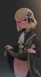 1girl blonde_hair blush cleft_of_venus clothes_lift clothes_pull dress dress_lift grey_eyes hair_ornament highres lifting_own_clothes long_sleeves looking_at_viewer nintendo no_panties pantyhose pantyhose_pull pokemon pokemon_masters_ex pussy serena_(pokemon) serena_(sygna_suit)_(pokemon) short_hair solo tagme u-doku white_pantyhose