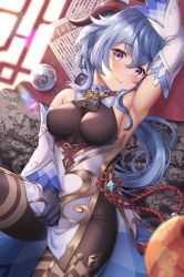 Rule 34 | 1girl, arm up, armpits, bare shoulders, bell, black gloves, blue hair, breasts, brown leotard, brown pantyhose, cowbell, detached collar, detached sleeves, ganyu (genshin impact), genshin impact, gloves, goat horns, gold trim, horns, leg up, leotard, long hair, long sleeves, looking at viewer, low ponytail, lying, medium breasts, on back, pantyhose, pelvic curtain, ponytail, purple eyes, rope, smile, solo, waist cape, yuririn poi