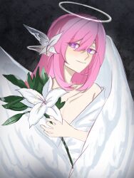 Rule 34 | 1girl, alternate costume, angel wings, black background, chinese commentary, commentary request, dai3844152, diamond-shaped pupils, diamond (shape), dress, elysia (herrscher of human: ego) (honkai impact), elysia (honkai impact), flower, hair flower, hair ornament, halo, highres, holding, holding flower, honkai (series), honkai impact 3rd, long hair, pink hair, purple eyes, solo, symbol-shaped pupils, white dress, wings