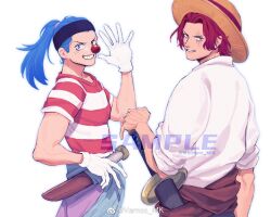 Rule 34 | 2boys, blue hair, buggy the clown, clown nose, gloves, grin, hat, headband, knife, looking at viewer, multiple boys, one piece, parted lips, ponytail, red hair, sample watermark, scar, scar on face, shanks (one piece), shirt, short hair, short sleeves, smile, straw hat, striped clothes, striped shirt, sword, vamos mk, watermark, weapon, white background, white gloves, white shirt