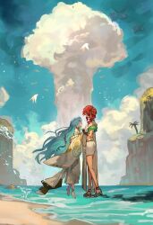 2girls 37_(reverse:1999) absurdres ancient_greek_clothes anklet bare_shoulders barefoot beach bird black_gloves blue_hair blue_sky cliff cloud eye_contact face-to-face facing_up fingerless_gloves from_side full_body gloves gold_choker greco-roman_clothes green_eyes hair_bun highres holding_hands jewelry long_hair looking_at_another medium_hair multiple_girls mushroom_cloud ocean palm_tree reverse:1999 sand sandals single_side_bun sky sophia_(reverse:1999) standing tiptoes tree trustyskittles very_long_hair white_bird