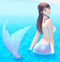 1girl absurdres ass back bikini bikini_top_only breasts brown_eyes brown_hair commentary_request grin highres kiria021 medium_breasts mermaid monster_girl original partially_submerged pearl_bikini purple_tail scales smile solo swimsuit teeth water white_bikini