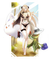 1girl bikini black_bikini blonde_hair breasts capelet closed_eyes cynthia_(pokemon) eyelashes full_body gen_4_pokemon groin hair_ornament hair_over_one_eye hand_up hat holding holding_shoes jewelry large_breasts long_hair navel necklace nintendo no_feet parted_lips pearl_necklace pokemon pokemon_(creature) pokemon_dppt roserade shoes smile sun_hat swimsuit tassel thigh_gap thigh_strap togekiss tommy_(kingdukeee) unworn_shoes very_long_hair white_headwear