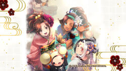 Rule 34 | 3girls, black hair, brown eyes, brown hair, closed mouth, dark-skinned female, dark skin, fighting ex layer, flower, hair flower, hair ornament, highres, japanese clothes, kimono, long hair, looking at viewer, multiple girls, nanase (arika), new year, official art, official wallpaper, open mouth, ponytail, pullum purna, sanane, shirase (arika), smile, street fighter, street fighter ex (series), technictix