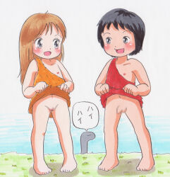 1boy 1girl animal barefoot black_hair blush body_exploration brown_hair caveman cavewoman censored chiru_chiru clothes_lift collarbone dinosaur dress dress_lift flat_chest grass grey_eyes highres kumu_kumu loli long_hair looking_at_another marup navel nipples no_panties open_mouth orange_dress penis pussy red_dress sauropod short_hair shota single_strap sleeveless sleeveless_dress small_penis smile speech_bubble standing testicles traditional_media tribal wanpaku_oomukashi_kumu_kumu