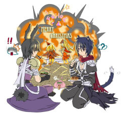 ! !! 2boys 2girls ? alchemist_(ragnarok_online) animal_ears armor assassin_(ragnarok_online) assassin_cross_(ragnarok_online) azlia bandages bandages_over_clothes black_cape black_gloves black_hair black_pants black_shirt blonde_hair cape cat_boy cat_ears cat_tail chinese_commentary christmas closed_mouth commentary_request creator_(ragnarok_online) eating erlenmeyer_flask explosion explosion_gag expressionless failure fingerless_gloves fire flask fork full_body gameplay_mechanics gloves holding holding_fork long_hair looking_at_another multiple_boys multiple_girls pants pauldrons poring purple_cape purple_pants purple_shirt rabbit_boy rabbit_ears rabbit_tail ragnarok_online red_cape red_scarf scarf seiza shirt short_hair shoulder_armor sitting sleeveless sleeveless_shirt spoken_question_mark surprised tail torn_cape torn_clothes torn_scarf vambraces waist_cape white_background yellow_eyes