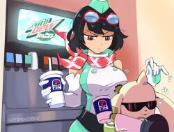 Rule 34 | 1girl, bare shoulders, black hair, breasts, brown eyes, cowboy shot, cup, digimon, digimon (creature), digimon story: time stranger, dress, elbow gloves, gloves, goggles, goggles on head, green dress, green hat, hat, highres, holding, holding cup, horns, large breasts, meme, mountain dew, operation soda steal (meme), red scarf, scarf, short hair, single horn, soda fountain, sunglasses, supermondobeat, taco bell, terriermon, two-tone dress, white dress, white gloves, yuuki kanan