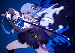 1girl absurdres biryu_soso blue_hair hair_ornament hairpin highres korean_clothes long_hair non-web_source original see-through_clothes see-through_sleeves yellow_eyes
