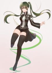 1girl ahoge ameki_rei belt black_belt black_boots black_jacket black_order_uniform black_shorts black_skirt boots collared_jacket cross d.gray-man earrings emblem floating_hair front_zipper gradient_background green_eyes green_hair green_lines grey_background hair_between_eyes hair_ornament hairclip highres jacket jewelry legs lenalee_lee long_hair long_sleeves looking_to_the_side miniskirt motion_lines multicolored_jacket pink_background shorts sidelocks skirt solo striped_clothes striped_jacket stud_earrings thigh_boots thighhighs thighs twintails two-tone_jacket vertical-striped_clothes vertical-striped_jacket white_jacket zettai_ryouiki zipper