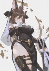1girl animal_ears blue_hair breasts brown_hair closed_eyes detached_sleeves extra_ears frills galleon_(granblue_fantasy) gloves granblue_fantasy highres holding holding_staff horns jewelry large_breasts long_bangs multicolored_hair pointy_ears simple_background staff streaked_hair thighlet white_gloves yct_(yoct_o)
