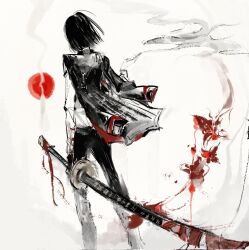 1girl black_hair black_jacket black_pants bob_cut bug butterfly highres insect jacket jacket_on_shoulders limbus_company long_sleeves ootachi pants project_moon red_butterfly red_sun ryoshu_(project_moon) shirt short_hair solo taoer. white_shirt