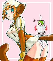 2girls animal_hood ass bent_over blush breath_of_fire breath_of_fire_v cat_hood dr.p hood lin lin_(breath_of_fire) lowres multiple_girls nina_(breath_of_fire_v) nurse oekaki panties thighhighs underwear