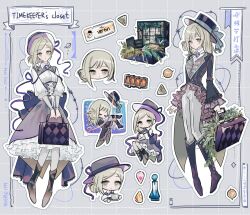 Rule 34 | 1girl, alternate costume, black boots, black coat, black hat, blue bow, boater hat, boots, bow, character name, chibi, chibi inset, coat, english text, frilled skirt, frills, full body, gapdori, grey background, grey hair, grid background, hair bow, hair bun, hat, highres, holding, holding suitcase, layered skirt, long skirt, medium hair, multiple views, nixie tube, pants, pantyhose, purple skirt, reverse:1999, shirt, short hair, single side bun, skirt, suitcase, vertin (reverse:1999), white pants, white pantyhose, white shirt