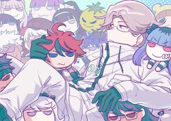1boy absurdres amemiya_darumi aotsuki_eito black_gloves character_doll doll dotted_background ginzaki_shouma glasses gloves gradient_background grey_hair highres holding holding_doll jacket kawana_tsubasa kirifuji_nozomi kouya_aotsuki magadori_kyoshika male_focus maruko_gaku mojiro_moko nigou_(hundred_line) omokage_yugamu oosuzuki_kurara pants purple_eyes shizuhara_hiruko sirei_(hundred_line) solo sumino_takumi the_hundred_line_-last_defense_academy- tsukumo_ima tsukumo_kako vincent-san white_jacket white_pants yakushiji_takemaru