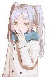 1girl blue_scarf buttons coat elf frieren green_eyes grey_eyebrows grey_hair highres hiiasd1 looking_at_viewer open_mouth pointy_ears scarf simple_background solo sousou_no_frieren teeth twintails upper_body upper_teeth_only white_background white_coat
