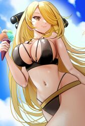 1girl agedashi_doufu_mk23 alternate_eye_color bikini black_bikini blonde_hair breasts cloud cynthia_(pokemon) day female_focus food from_below hair_between_eyes hair_ornament hair_over_one_eye highleg highleg_bikini highres holding holding_food holding_ice_cream ice_cream ice_cream_cone large_breasts long_hair looking_at_viewer matching_hair/eyes navel nintendo outdoors pokemon pokemon_dppt sky smile solo swimsuit very_long_hair wide_hips yellow_eyes