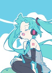 1girl aqua_hair aqua_necktie black_skirt black_sleeves black_thighhighs breasts closed_eyes commentary detached_sleeves grey_shirt hatsune_miku headset highres kanzaki_hiro miniskirt necktie open_mouth pleated_skirt shirt skirt sleeveless sleeveless_shirt small_breasts solo squatting thighhighs twintails twitter_username vocaloid zettai_ryouiki