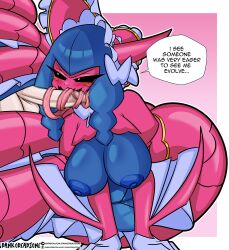 Rule 34 | 1boy, 1girl, black sclera, blue hair, breasts, breasts out, colored sclera, dankodeadzone, digimon, digimon (creature), fellatio, hat, horns, lamia, lamiamon, long hair, long tongue, monster girl, oral, ribbon, tongue, yellow eyes