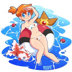 1girl bare_arms bikini blue_eyes blush breasts creatures_(company) eyelashes game_freak gen_1_pokemon goldeen hair_between_eyes hair_tie highres legs medium_breasts misty_(pokemon) muscular navel nintendo orange_hair poke_ball pokemon pokemon_rgby short_hair sleightissue smile solo staryu swimsuit thighs water wide_hips