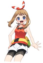 1girl :d bike_shorts bike_shorts_under_shorts blue_eyes bow_hairband breasts brown_hair commentary_request eyelashes fanny_pack hairband happy highres long_hair looking_at_viewer looking_down may_(pokemon) nintendo open_mouth pokemon pokemon_oras red_hairband red_shirt shirt shorts simple_background sleeveless sleeveless_shirt smile solo spread_fingers white_background white_shorts yuihico