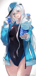 1girl baseball_cap black_one-piece_swimsuit blue_eyes blue_hat blue_jacket bottle breasts commentary_request competition_swimsuit covered_navel grey_hair hat highres jacket jacket_over_swimsuit long_hair medium_breasts nagasawa_tougo one-piece_swimsuit open_clothes open_jacket original plastic_bottle pocari_sweat solo swimsuit