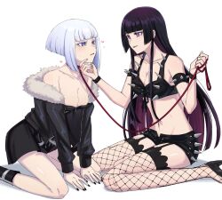 2girls aoki_shizumi bare_shoulders black_hair black_jacket black_nails breasts cleavage collar colored_inner_hair commentary drooling fishnet_thighhighs fishnets fur-trimmed_jacket fur_trim garter_straps heart highres holding holding_leash jacket kurogane_otoha large_breasts leash long_hair looking_at_another multicolored_hair multiple_girls parted_lips purple_eyes purple_hair ringed_eyes rock_wa_lady_no_tashinami_deshite saliva shiraya_tamaki short_hair simple_background smile spiked_bra spiked_shorts thighhighs white_background white_hair yuri