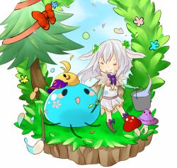 Rule 34 | 1girl, = =, alchemist (ragnarok online), alternate color, blush, boots, bow, bowtie, brown boots, brown cape, bucket, cape, chibi, chibi only, closed eyes, closed mouth, commentary request, dress, fur collar, grey hair, holding, holding bucket, long hair, meiko (nattu303), mushroom, open mouth, peco peco, purple bow, purple bowtie, ragnarok online, short dress, slime (creature), smile, solo, strapless, strapless dress, tree, v-shaped eyebrows, water, white dress