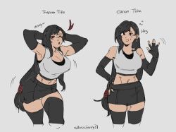arms_behind_head black_gloves black_tank_top black_thighhighs blowing_kiss breasts cleavage elbow_gloves english_text final_fantasy final_fantasy_vii final_fantasy_vii_remake flirting gloves hand_on_own_hip heart highres large_breasts long_hair midriff one_eye_closed red_eyes simple_background skirt smile strawderryst sweat tank_top thighhighs tifa_lockhart toned waving white_background white_tank_top