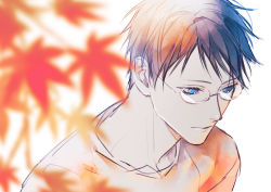 1boy 5046m autumn_leaves bad_id bad_pixiv_id black_hair blue_eyes blurry blurry_foreground chihayafuru glasses leaf male_focus simple_background upper_body wataya_arata white_background
