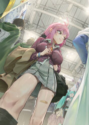 Rule 34 | 1other, 2boys, 3girls, absurdres, animal, animal on shoulder, bandaid on thigh, breasts, brown jacket, cardigan, cat, ceiling, ceiling light, convention, convention hall, cosplay, from below, hange zoe, hatsune miku, highres, indoors, jacket, jhigf, levi (shingeki no kyojin), multiple boys, multiple girls, original, overhead lights, pink hair, pleated skirt, purple cardigan, shingeki no kyojin, shirt, skirt, unworn jacket, vocaloid, white shirt