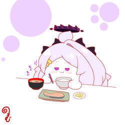 :t ahoge blue_archive blush bowl chibi chopsticks closed_mouth eating grey_hair hair_ornament hairclip halo highres hina_(blue_archive) holding holding_bowl holding_chopsticks horns kurukurumagical long_hair motion_lines parted_bangs plate purple_eyes rice rice_bowl single_hair_intake solo upper_body wavy_mouth white_background