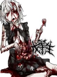 1girl black_dress blood blood_on_arm blood_on_face blood_on_leg dress eyeball flower fork frilled_shirt frills guro highres holding holding_fork injury intestines missing_eye open_mouth original pale_skin pool_of_blood red_eyes self-harm shirt short_hair solo white_background white_flower white_hair wuwuren