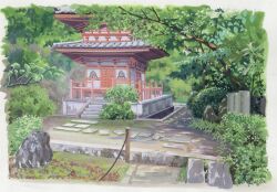 Rule 34 | absurdres, architecture, border, branch, bush, doremifa84, east asian architecture, fence, forest, grass, highres, landscape, nature, no humans, original, pagoda, rock, rope fence, stone walkway, tree, white border