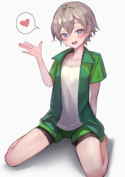 Rule 34 | 1boy, absurdres, androgynous, bike shorts, bike shorts under shorts, blue eyes, blush, green jacket, green shorts, grey hair, gym shorts, hakusyokuto, heart, highres, jacket, looking at viewer, male focus, open clothes, open jacket, open mouth, perineum, short hair, short sleeves, shorts, simple background, sitting, smile, solo, spoken heart, totsuka saika, track jacket, trap, wariza, white background, yahari ore no seishun lovecome wa machigatteiru.