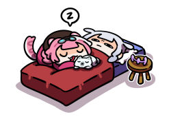 2girls animal_ears bed beret blanket cat_on_person closed_mouth fang goggles goggles_on_head hairband hat highres hololive hololive_english jitome john_cat_(koseki_bijou) keenbiscuit koseki_bijou long_hair multicolored_hair multiple_girls open_mouth panther_ears panther_girl panther_tail pillow pink_hair purple_hair raora_panthera raora_panthera_(1st_costume) sleeping smile stool streaked_hair tail unworn_hairband virtual_youtuber white_hair