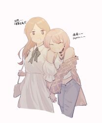 2girls bag bang_dream! bang_dream!_it&#039;s_mygo!!!!! blush brown_hair chihaya_anon chinese_commentary chinese_text choker closed_eyes clothing_cutout commentary_request denim dress fang fnk80055146 grey_pants hand_on_another&#039;s_arm handbag heart heart_choker highres holding_hands jeans long_hair multiple_girls nagasaki_soyo open_mouth pants pink_hair shoulder_cutout simple_background tank_top translation_request white_background white_dress white_tank_top yuri