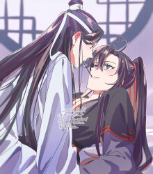 Rule 34 | 2boys, ahoge, bed sheet, black hair, black hanfu, blush, chinese clothes, closed mouth, dated, ear blush, eye contact, food, food in mouth, from side, hair between eyes, hair ribbon, hanfu, headband, heart, heart ahoge, high ponytail, highres, indoors, kimako (kimako 8), lan wangji, lattice, long hair, long sleeves, looking at another, lying, male focus, modao zushi, mouth hold, multiple boys, on back, on bed, pectoral cleavage, pectorals, pocky, pocky in mouth, pocky kiss, ponytail, profile, purple eyes, red ribbon, ribbon, robe, round window, shared food, sidelocks, sitting, smile, topknot, twitter username, upper body, very long hair, watermark, wei wuxian, white hanfu, white headband, wide sleeves, window, xiao guan (headdress), yaoi, yellow eyes