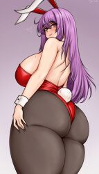 Rule 34 | 1girl, animal ears, ass, ass focus, black pantyhose, breasts, closed mouth, collar, commentary, cowboy shot, english commentary, gradient background, grey background, hair between eyes, highres, huge breasts, leotard, long hair, looking at viewer, megamoo, messy hair, mole, mole on breast, pantyhose, playboy bunny, purple hair, rabbit ears, rabbit girl, rabbit tail, red eyes, red leotard, reisen udongein inaba, sideboob, signature, simple background, smirk, solo, strapless, strapless leotard, tail, thick thighs, thigh focus, thighs, three quarter view, touhou, turning head, white collar, white wrist cuffs, wrist cuffs