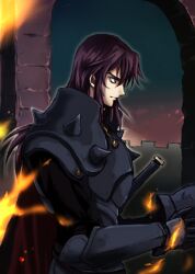 1boy arch armor black_armor blue_sky brown_eyes brown_hair cape closed_mouth commentary_request embers frown long_hair looking_afar lowres luvaid male_focus red_cape shijou_satori sky solo spiked_pauldrons summon_night summon_night_2 sword upper_body weapon