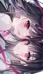 2girls black_hair blush highres light_smile miwano_rag multiple_girls neck_ribbon open_mouth pink_eyes ribbon smile tongue